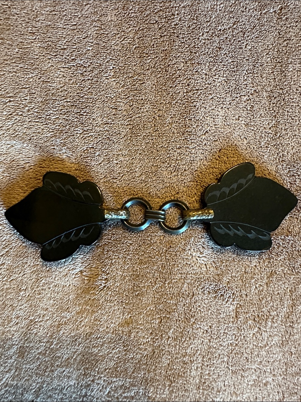Vintage 30’s Art Deco Style Black  Bakelite Cape or Coat Closure Brass Hardware